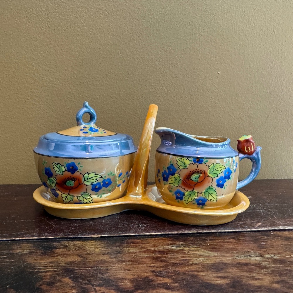 Vintage Hand Painted Japan‎ Creamer Sugar Bowl Set Floral Bird Handle Condiment